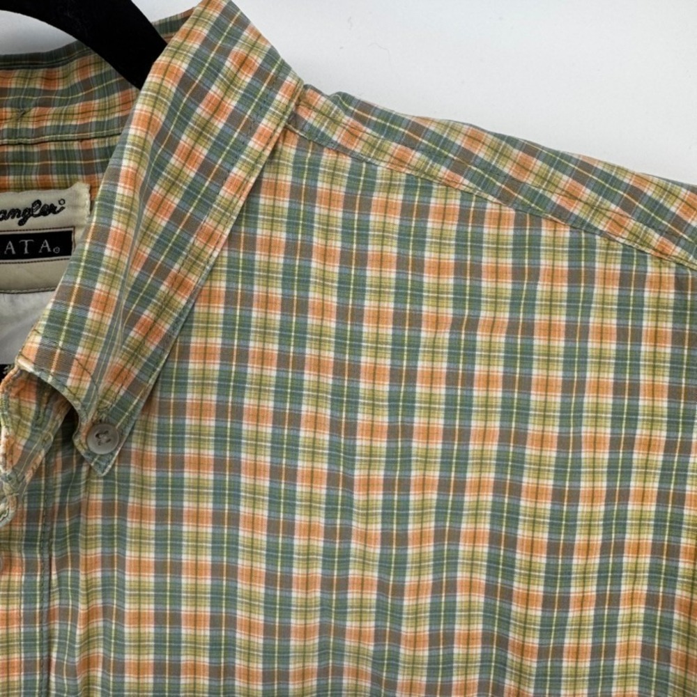 Vtg Wrangler Riata Mens Shirt 2XL Tan Green Plaid Long Sleeve Button Collared